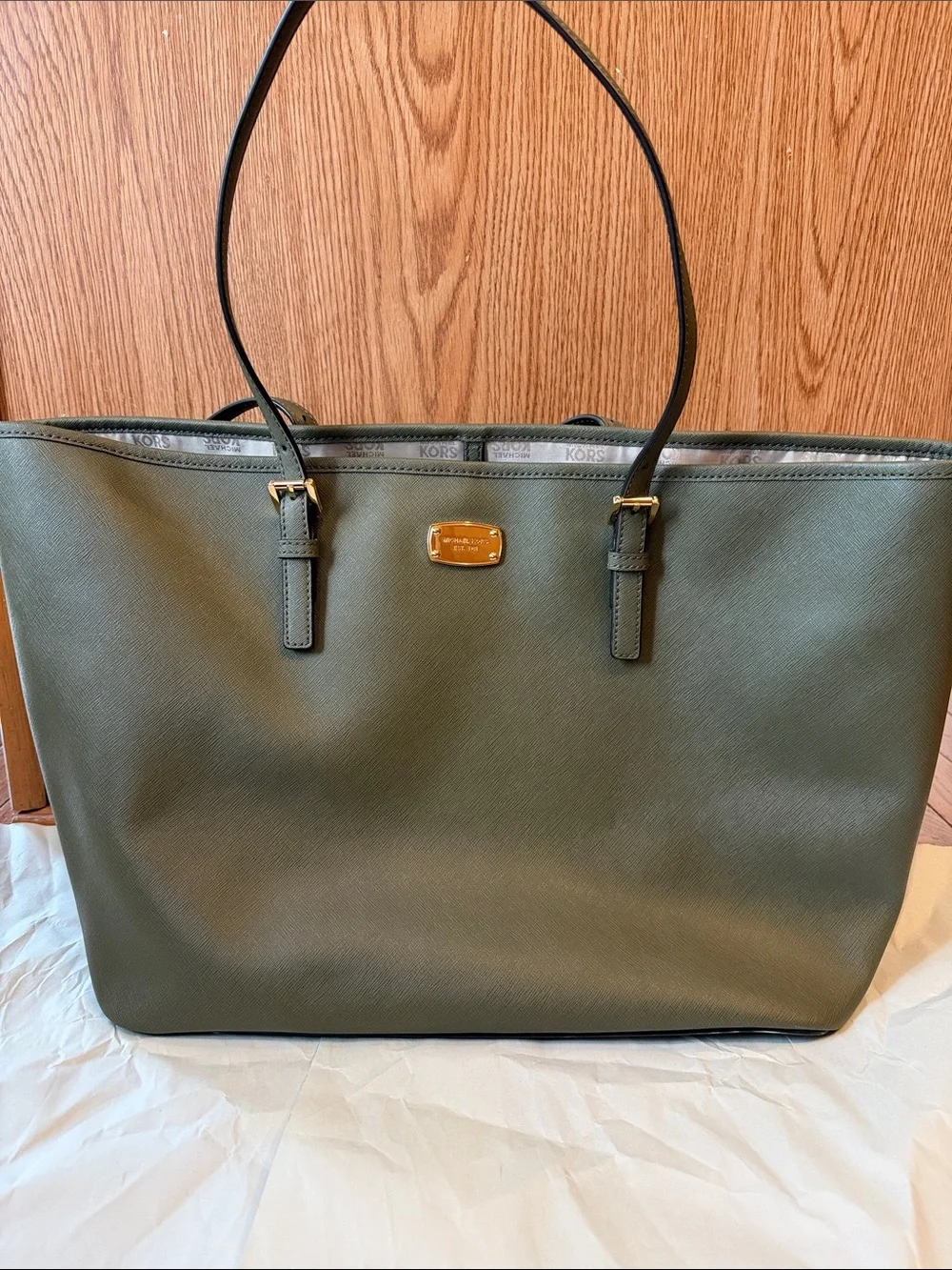 Michael Kors Olive Green Saffiano Tote with Gold Hardware